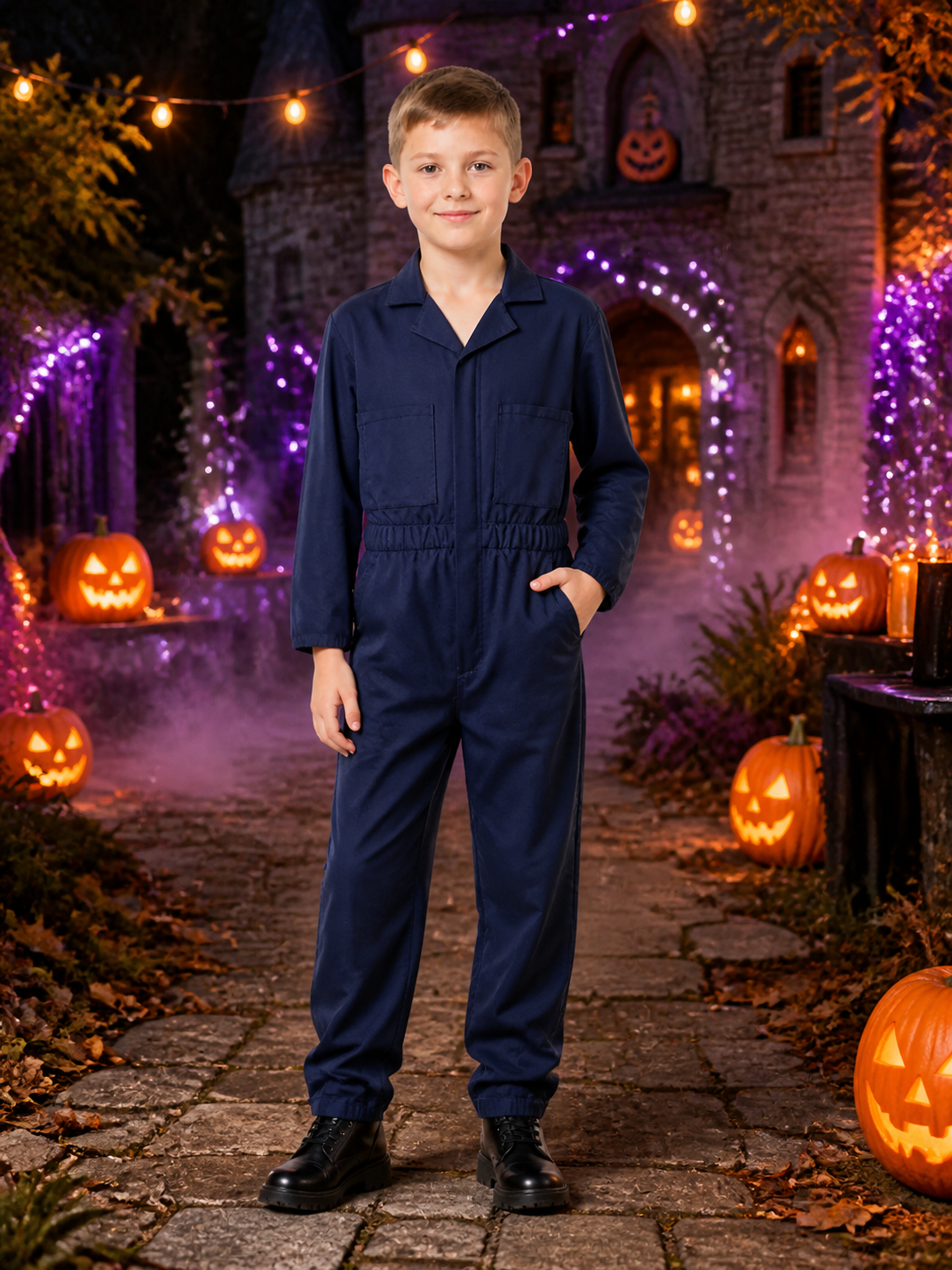 Michael Myers Jumpsuit Costume, Adult Navy Blue Workwear with Chest Pockets and Costumes detail 2