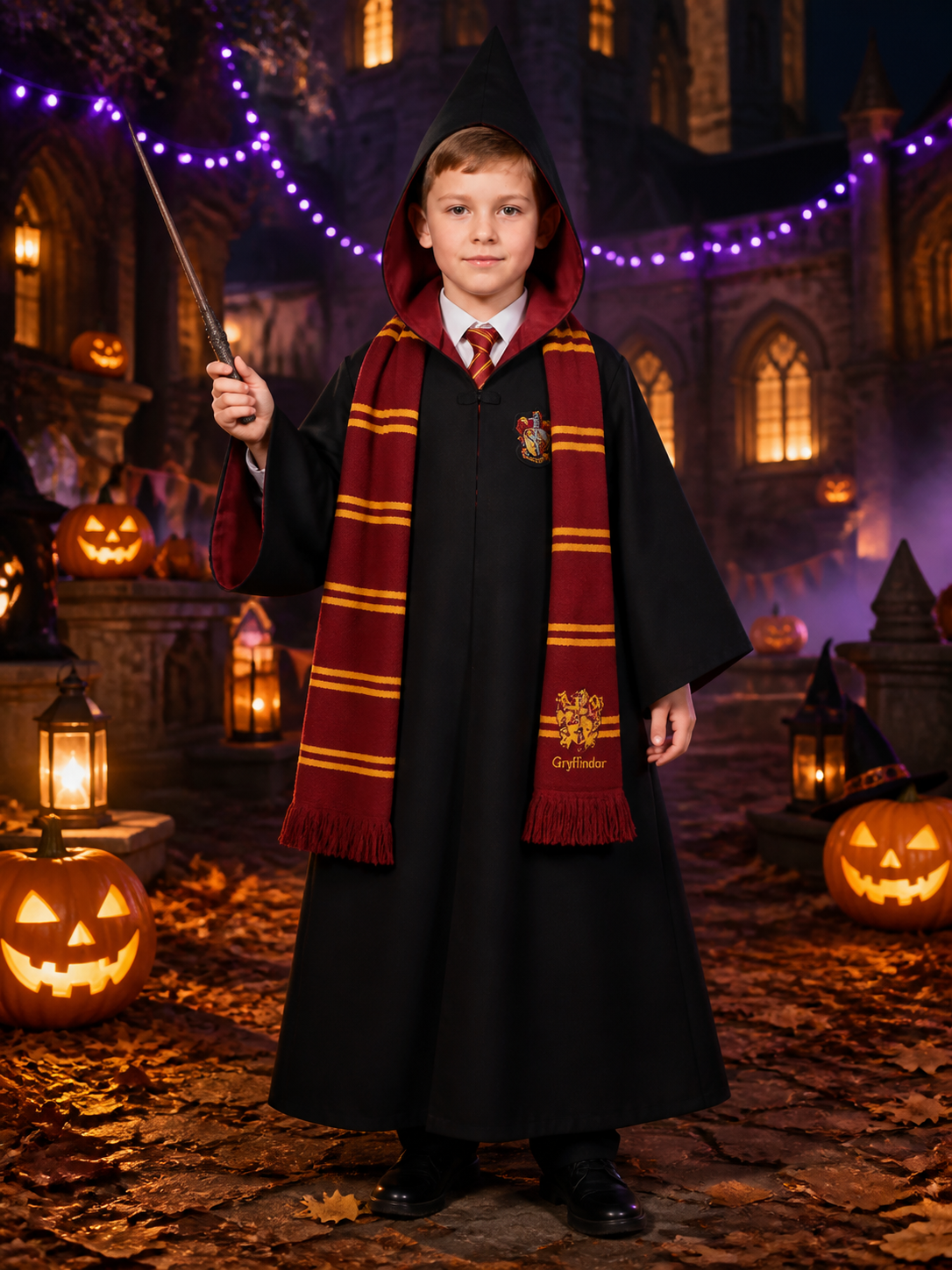 Hooded Wizard Robe Costume Set With Scarf, Tie And Wand Costume Accessories detail 2