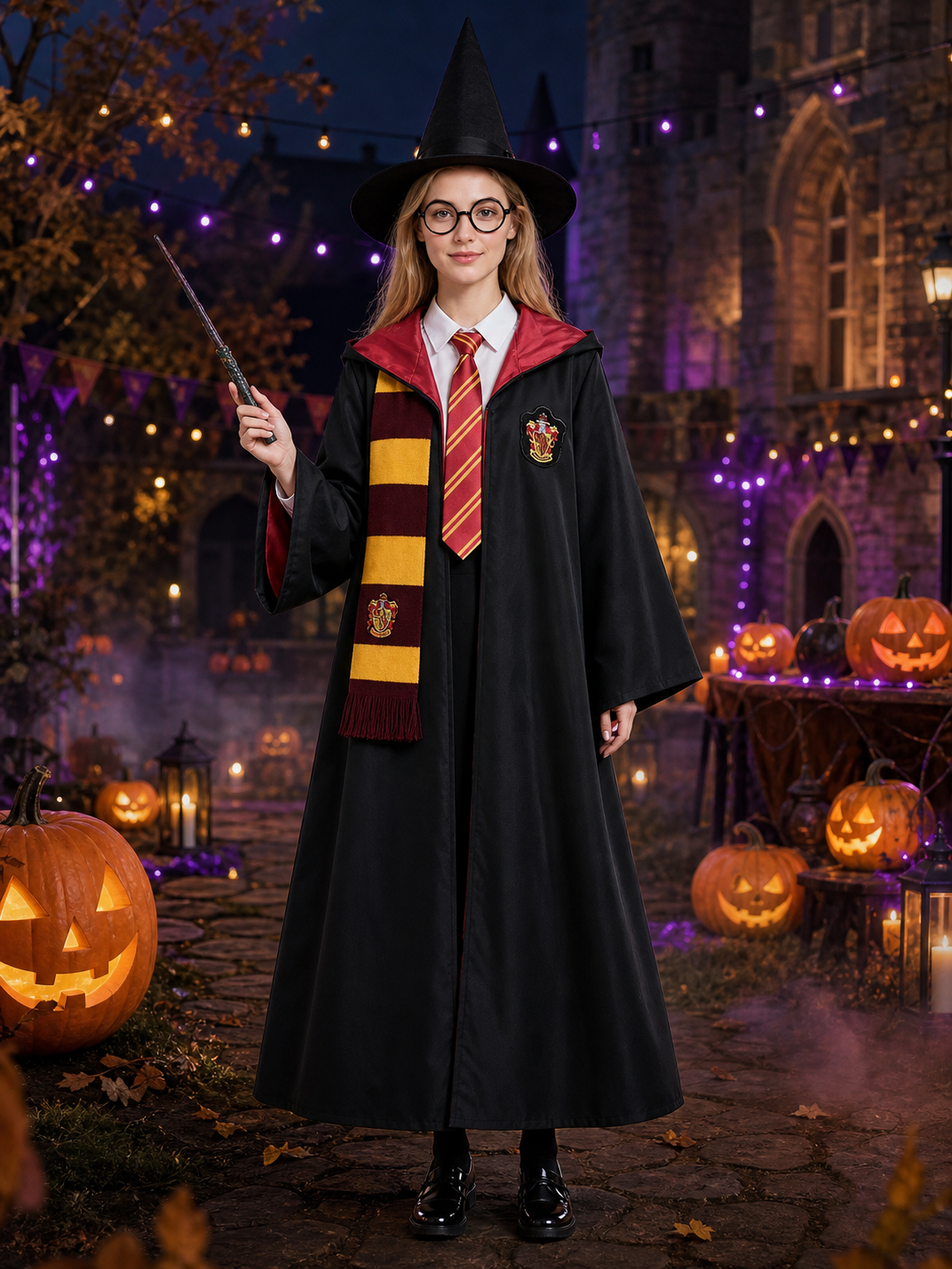 Wizard Robe Costume Set, Hooded Long Cloak With Scarf, Hat, Glasses, Wand, Tie & Costume Capes detail 2