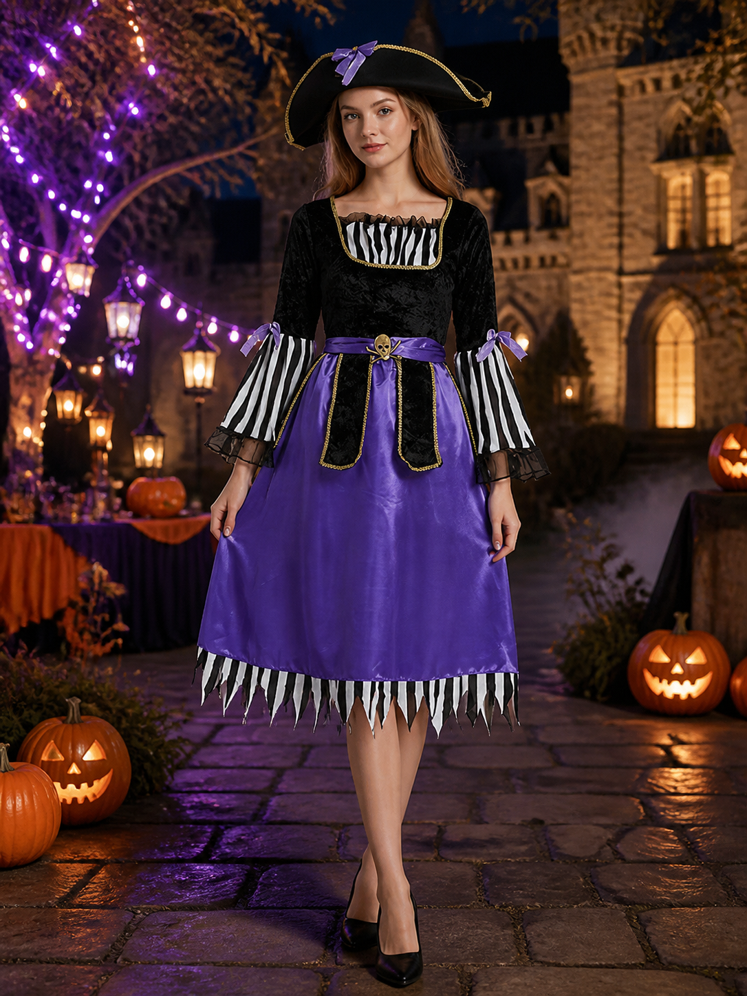 Women's Pirate Costume Set With Hat, Belt, Skull Details, Halloween Outfit Costume Headwear detail 2