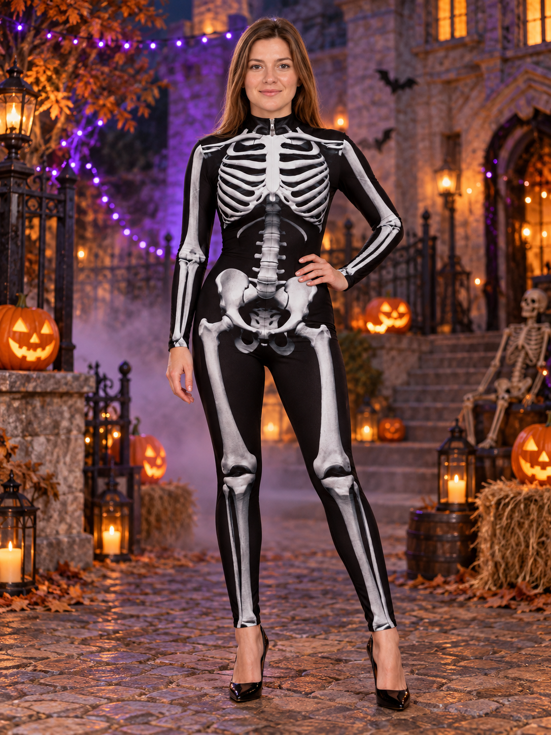 Black form-fitting jumpsuit with skeleton print and zipper