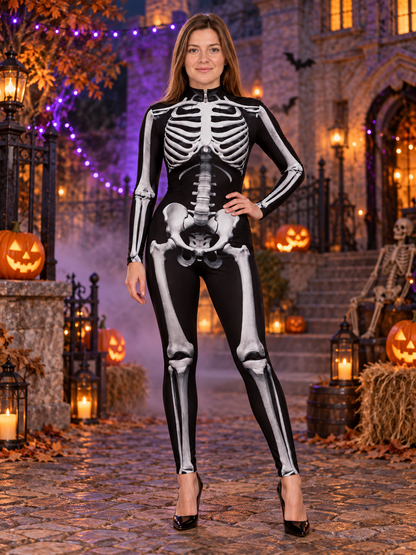 Black form-fitting jumpsuit with skeleton print and zipper