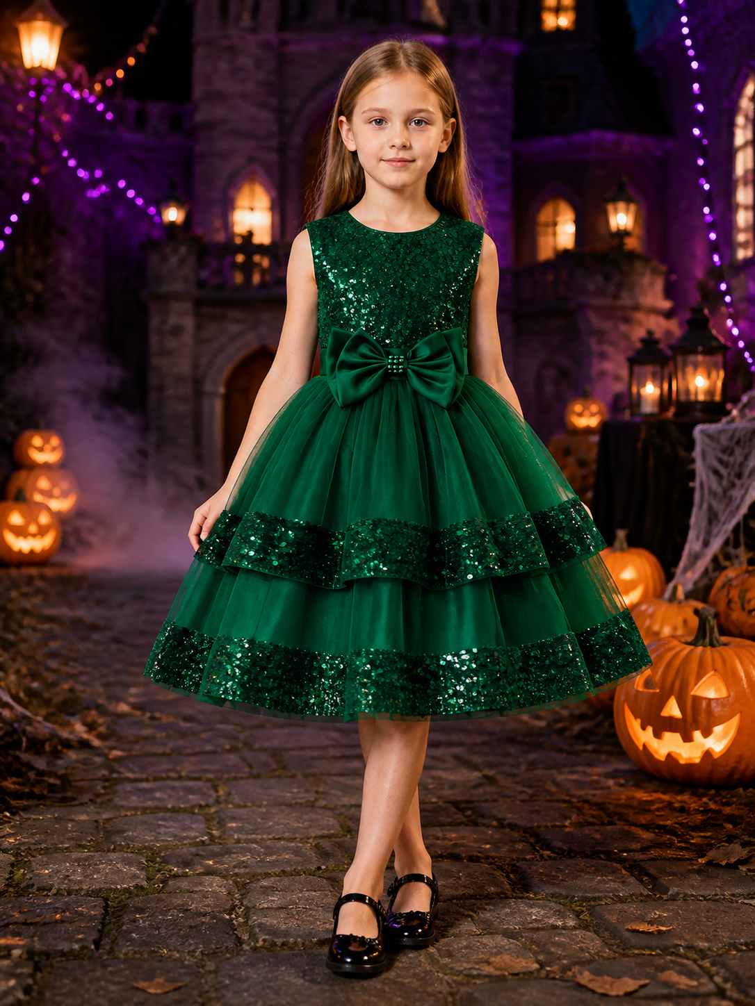 Girls' Dark Green Sequined Princess Dress, Layered Mesh Skirt With Satin Bow