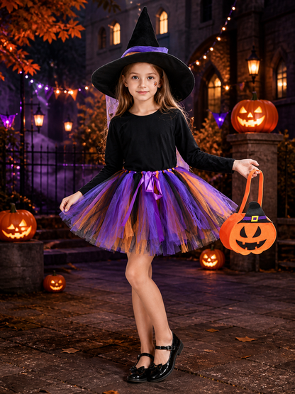 Kids' Halloween Witch Costume Set, Layered Skirt, Hat, Pumpkin Candy Bag & Face Costume Headwear detail 2