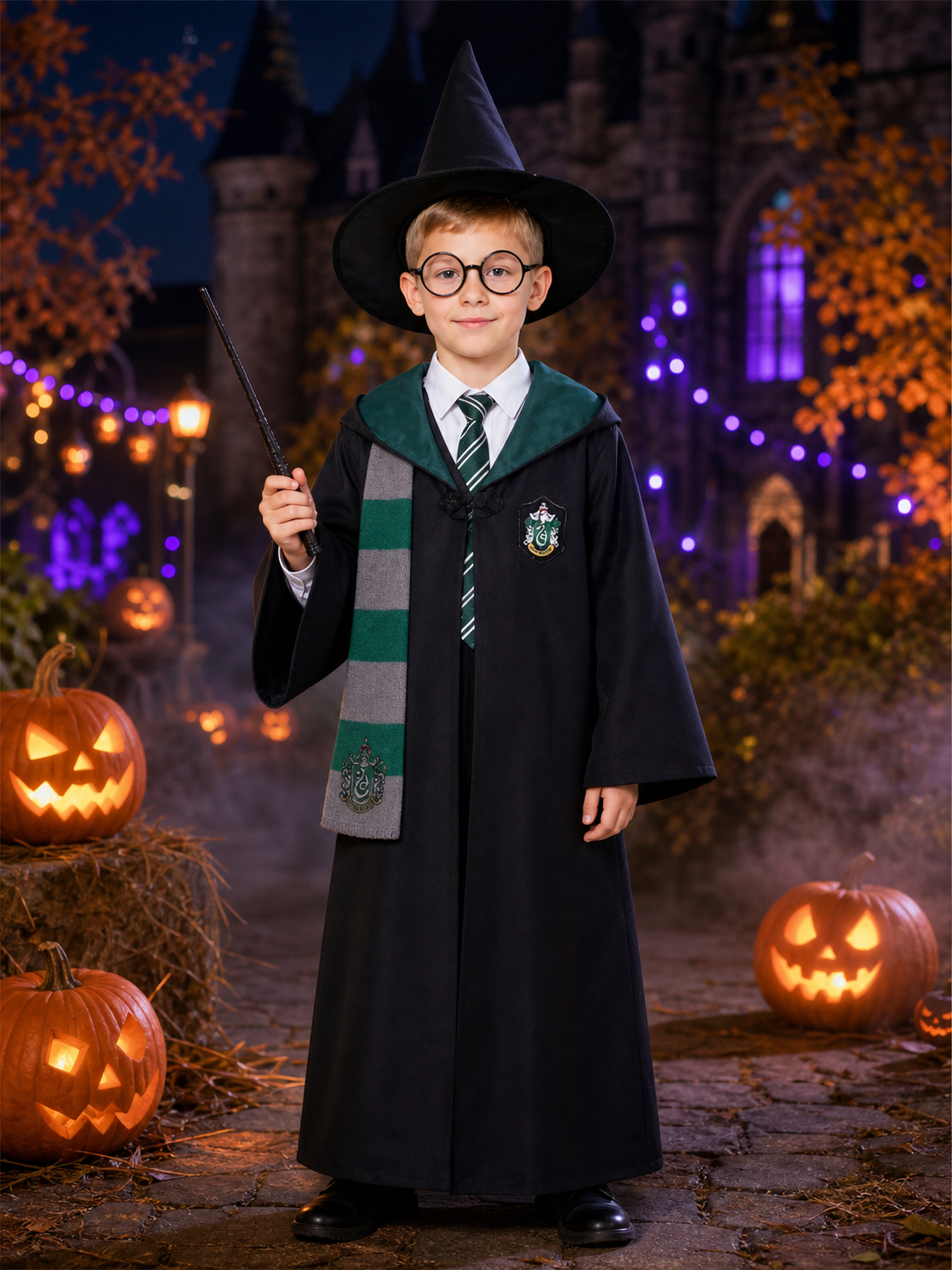 Kids Slytherin Wizard Robe Costume Set with Green Tie, Scarf, Pointed Hat, Black Costume Headwear detail 2