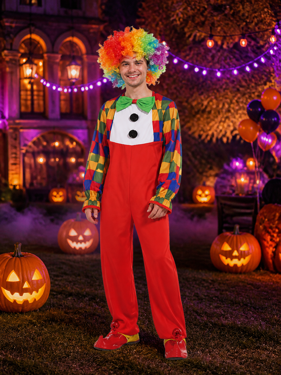 Kids Clown Costume Jumpsuit with Colorful Checkered Sleeves and Bow Tie Costume Accessories detail 2