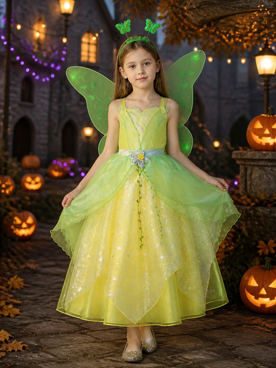 Girls' Princess Dress Costume with Butterfly Wings, Green & Yellow Star and Vine