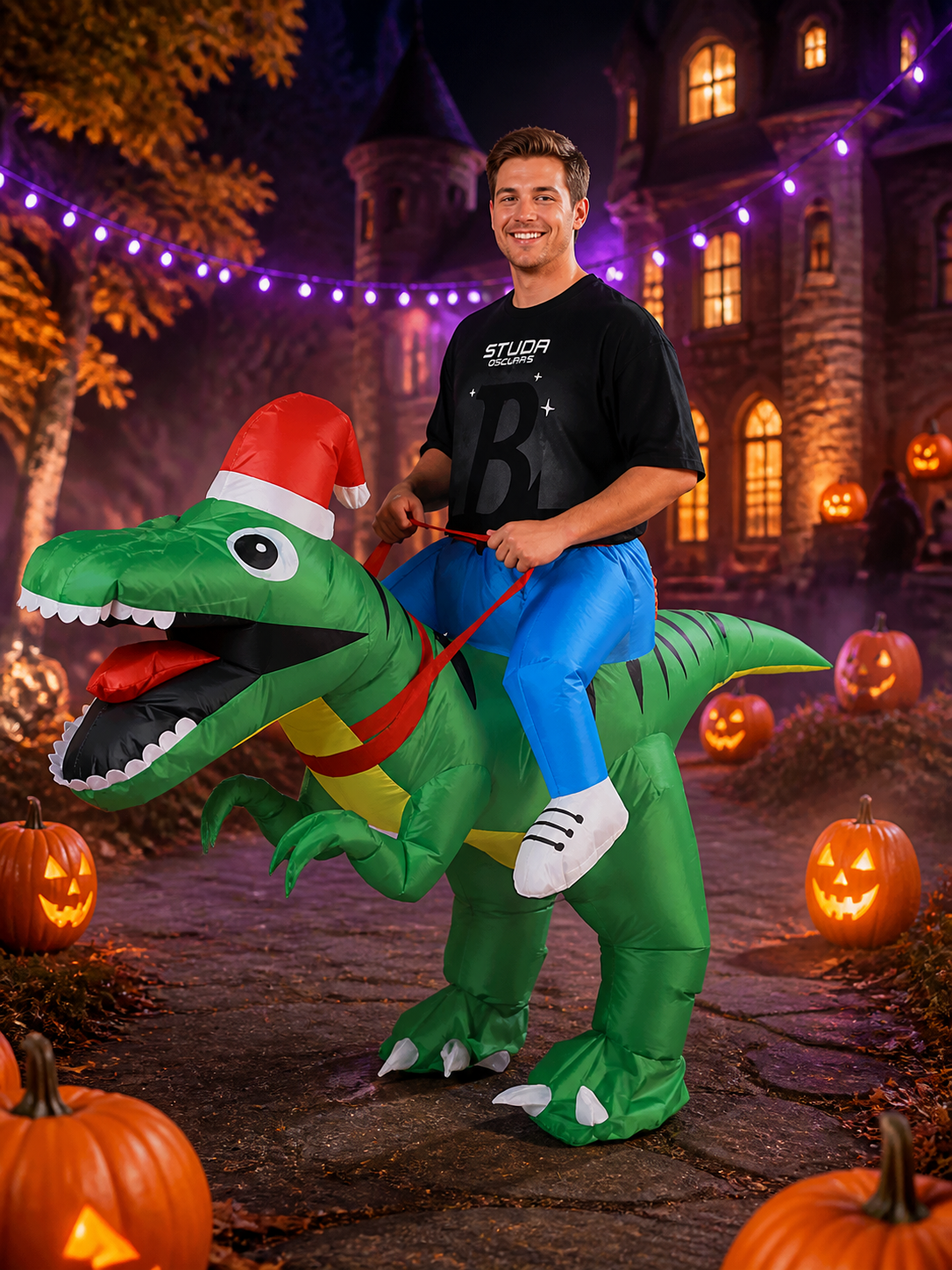 Inflatable Dinosaur Costume with Christmas Hat and Black Stripes for Halloween Costume Headwear detail 2