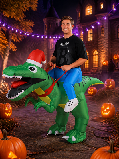 Inflatable Dinosaur Costume with Christmas Hat and Black Stripes for Halloween Costume Headwear detail 2