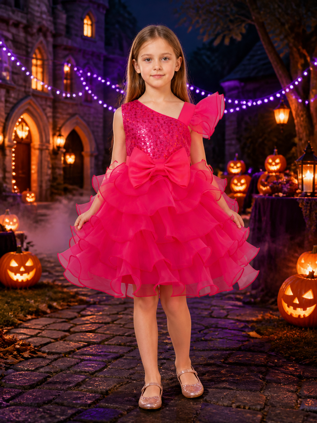 Girls' Pink Princess Party Dress with Sequined Bodice and Layered Ruffle Skirt Costume Dresses detail 2