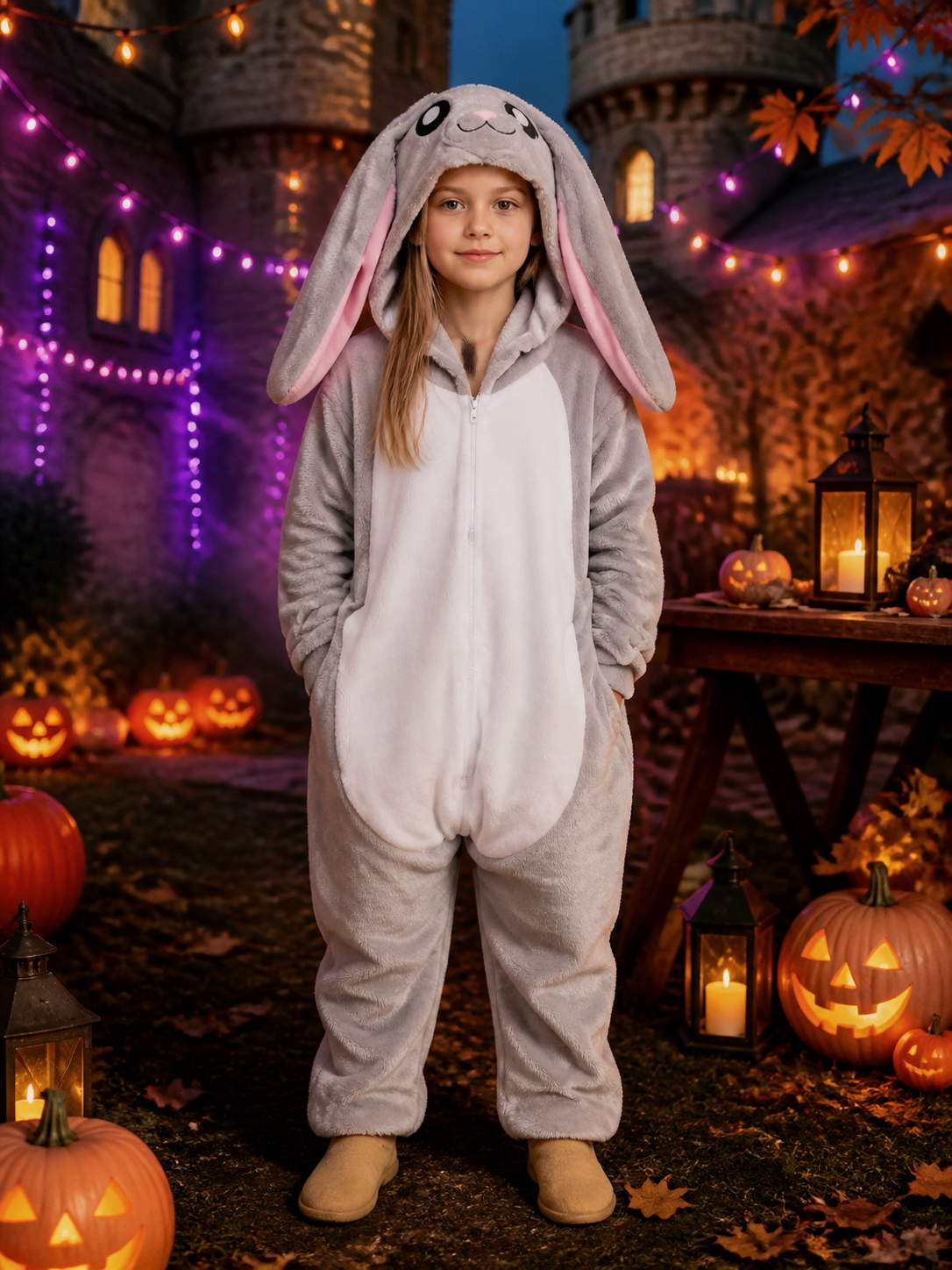 Gray Rabbit Hooded Jumpsuit Costume, Long-Ear Cartoon Animal One-Piece Outfit Costumes detail 2