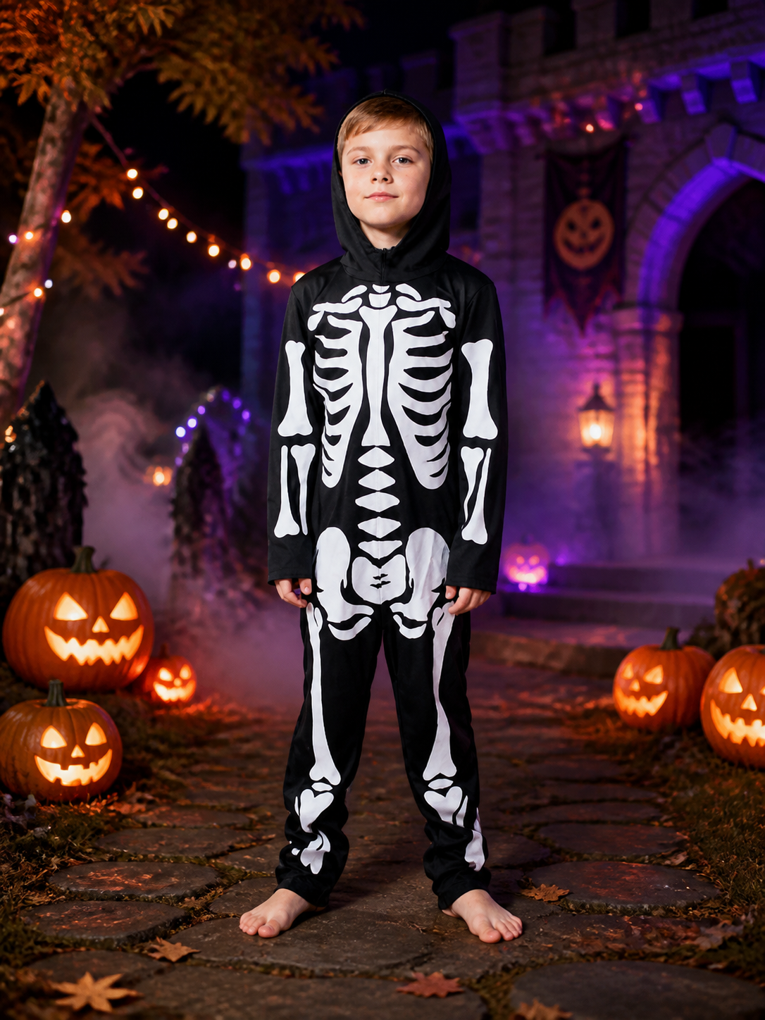 Unisex Skeleton Hooded Jumpsuit Costume with White Bone Print Costumes detail 2