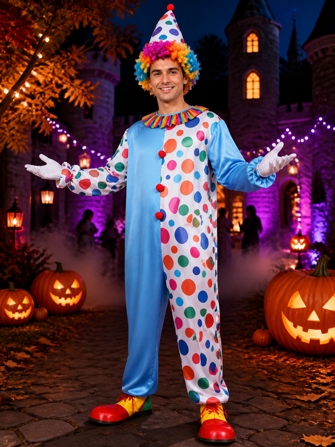 Unisex Clown Jumpsuit Costume Set, Polka Dot Print with Hat, Halloween Outfit Costume Headwear detail 2