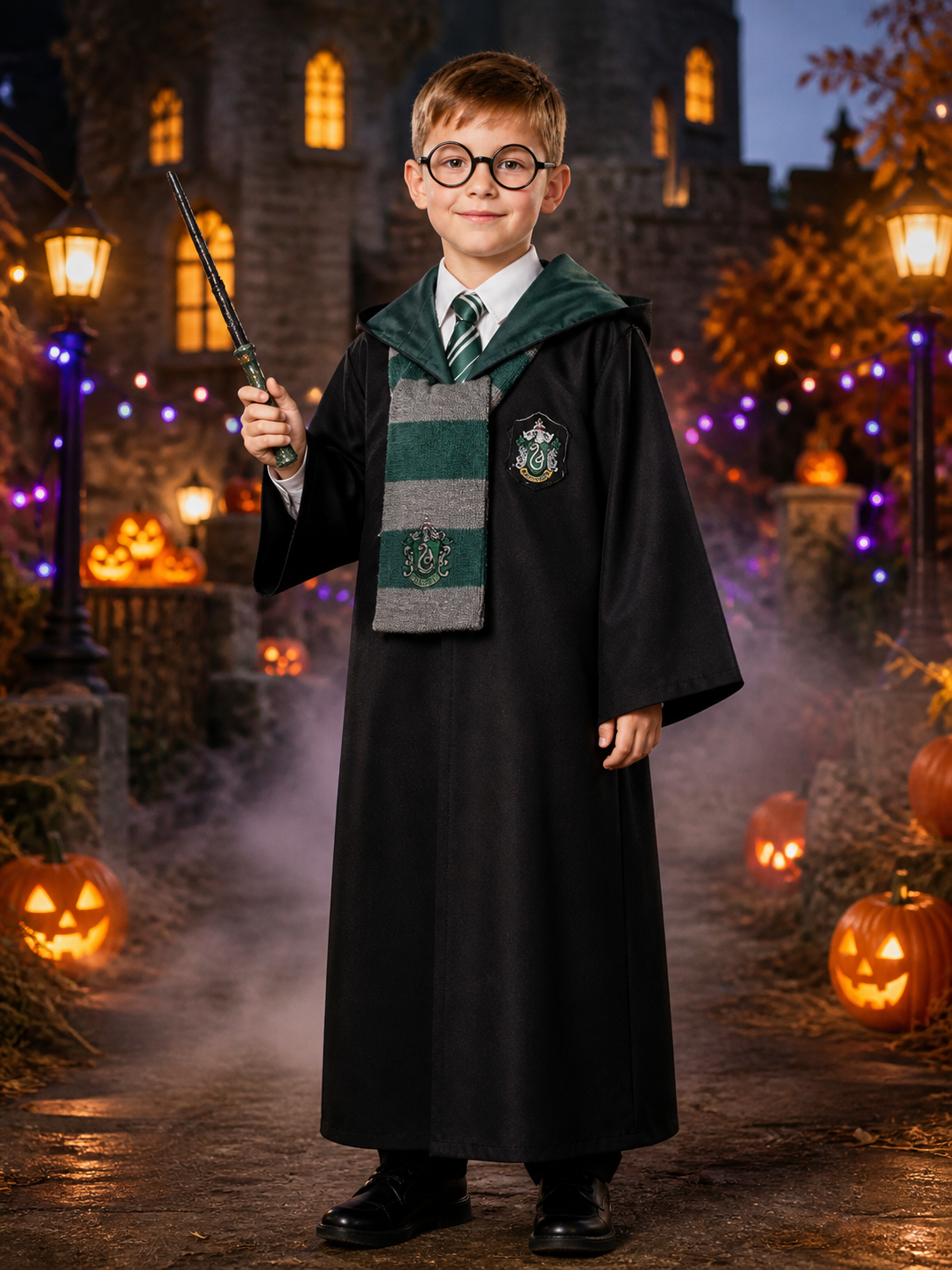 Green Wizard Costume Set, Hooded Robe With Tie, Scarf, Glasses & Wand Costume Accessories detail 2