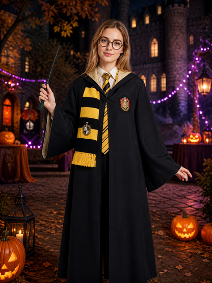 Wizard Costume Set With Black And Yellow Robe, Scarf, Tie, Wand And Round Costume Accessories detail 2