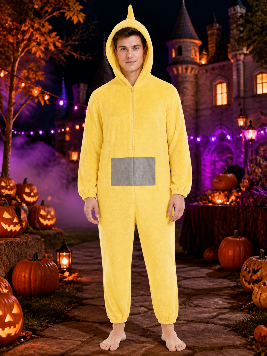 Adult Yellow Funny Cartoon Character Hooded Jumpsuit Halloween Party Costume Costumes detail 2