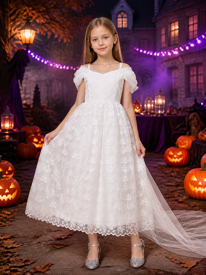 Girls' White Princess Formal Dress with Floral Embroidery and Long Train Costume Dresses detail 2