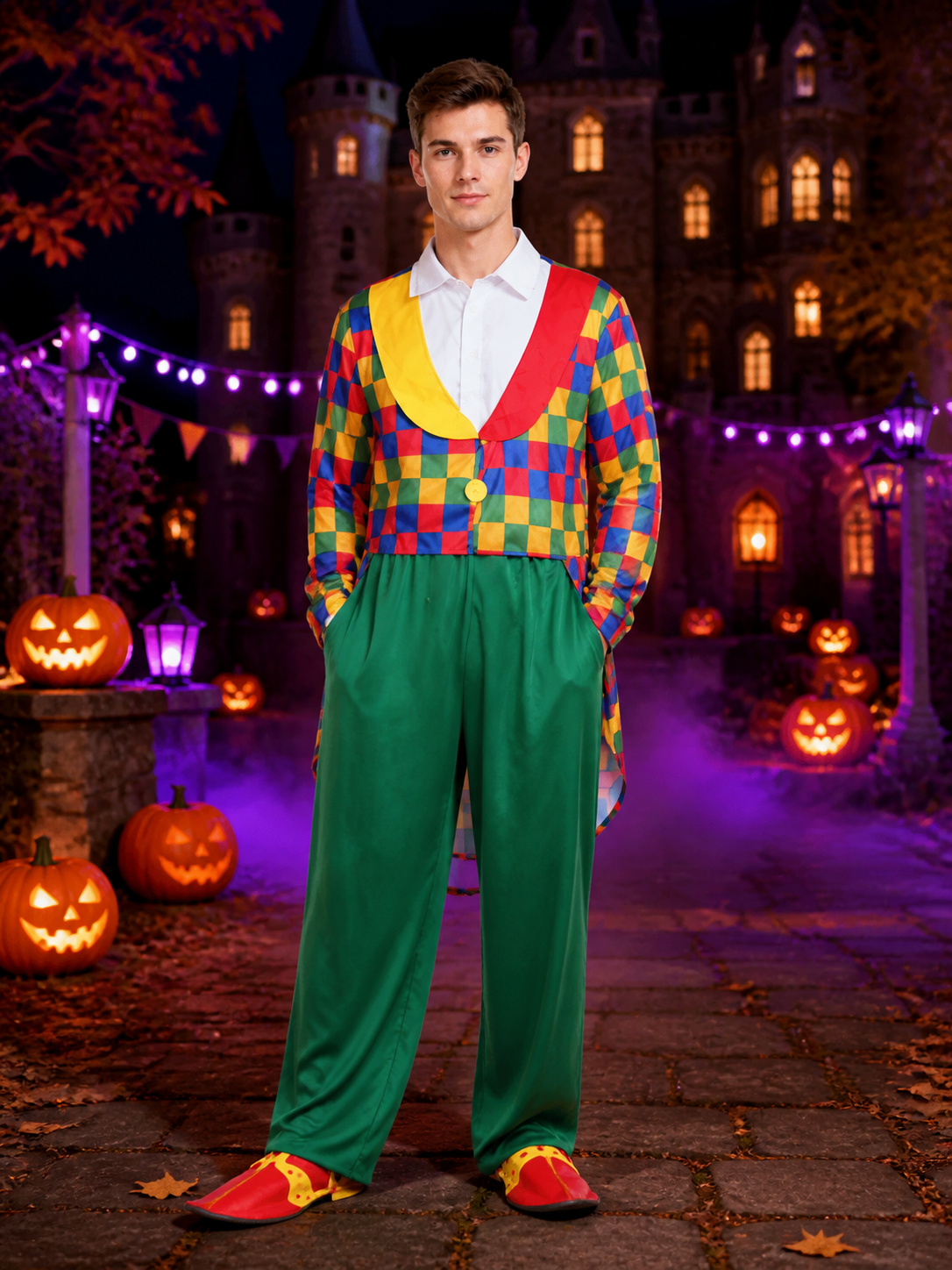 Adult Clown Costume Set, Colorful Checkered Jacket and Pants for Halloween Costumes detail 2