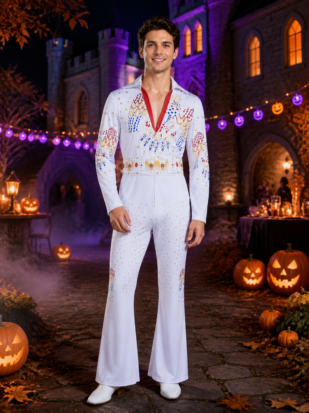 White Rock Singer Jumpsuit Costume With Flared Legs And Colorful Patterns Costumes detail 2