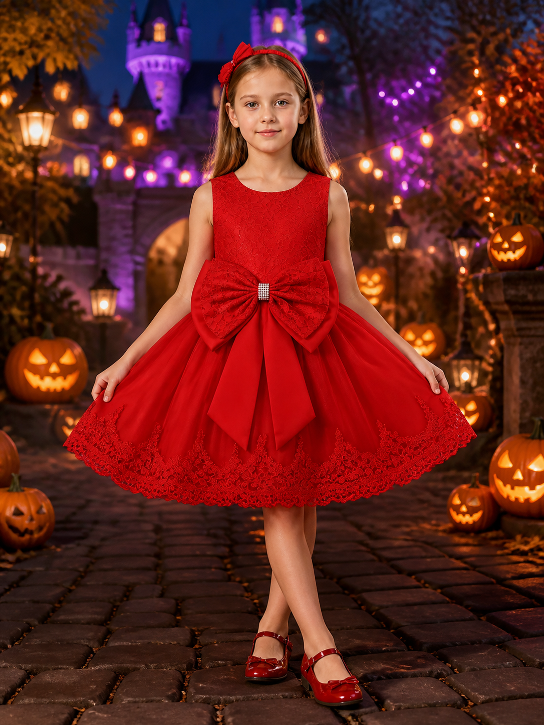 Girls' Red Lace Princess Dress with Oversized Bow and Headpiece, Sleeveless Mesh Costume Dresses detail 2