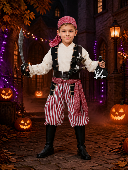 Kids Pirate Costume Set - Red and White Striped Pants, Black Vest, White Shirt Costumes detail 2