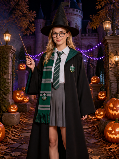 Green And Black Wizard Costume Set With Hooded Robe, Glasses, Wand, Hat And Tie Costume Headwear detail 2