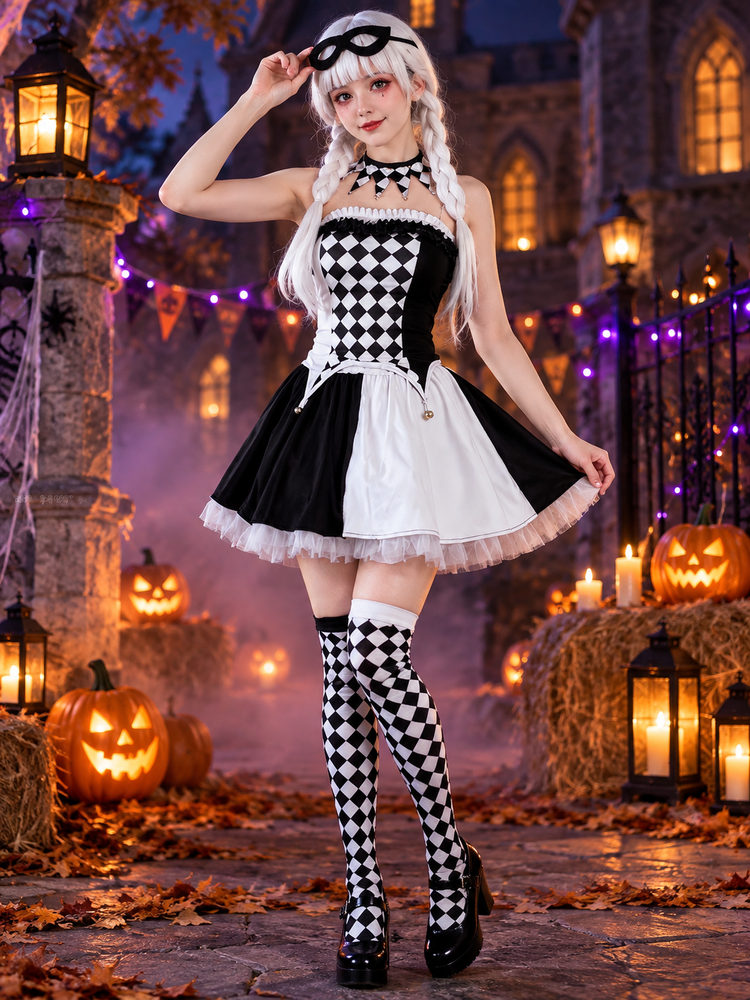 Black and White Checkered Clown Cosplay Carnival Costume
