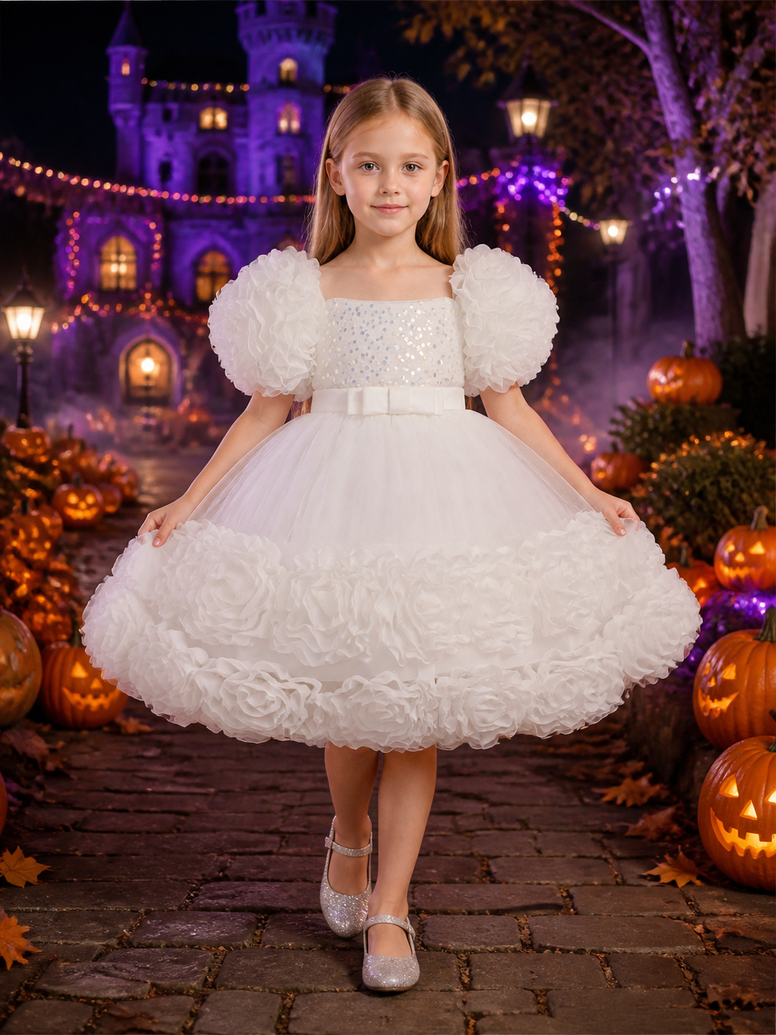Toddler Girls' White Sequined Princess Dress with Ruffled Skirt and Bow Costume Dresses detail 2