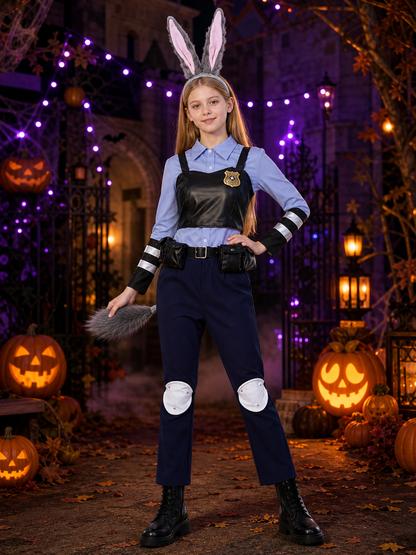 Kids Rabbit Police Officer Costume Set Complete With Headband, Badge, And Tail on-model Halloween scene view