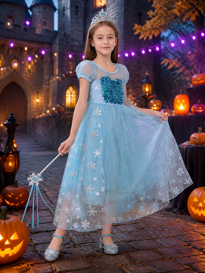 Girls' Ice Princess Costume Dress, Sequin Snowflake Tulle Gown