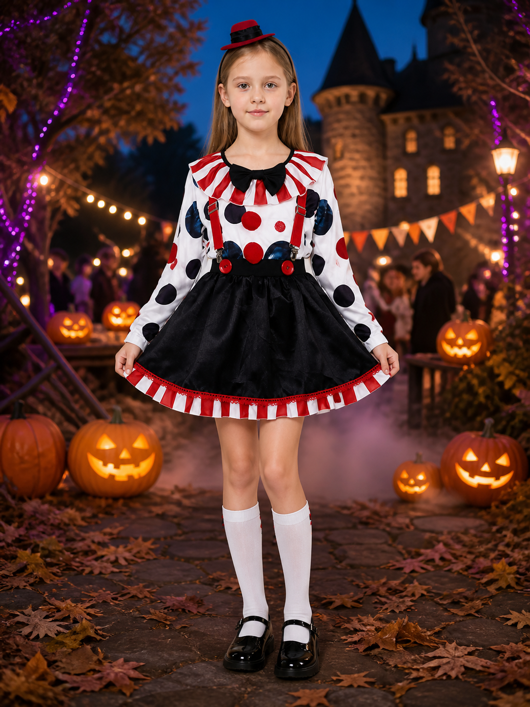 Clown Costume Set with Polka Dot Top, Striped Tutu, Hat & Suspenders on-model Halloween scene view