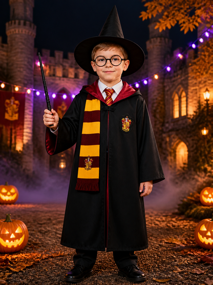 Kids Wizard Robe Costume Set, Hooded Cloak with Striped Scarf, Tie, Hat, Glasses