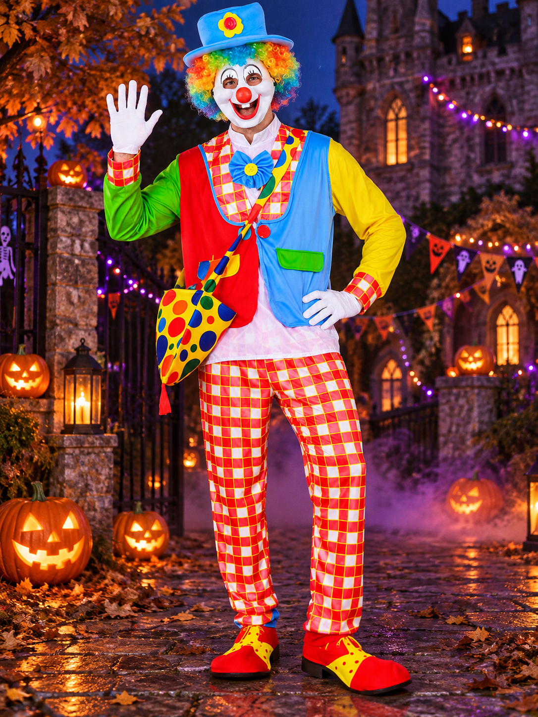 Adult Clown Costume, 6 Pieces, Wig and Mask