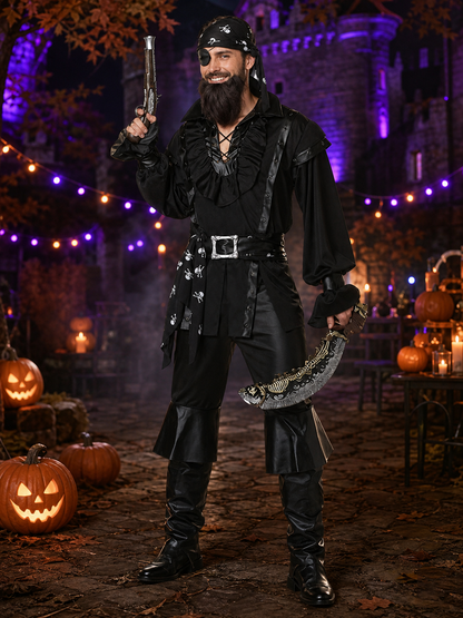 Adult Pirate Costume Set, Black Long-Sleeve Outfit With Headscarf, Beard Costumes detail 2