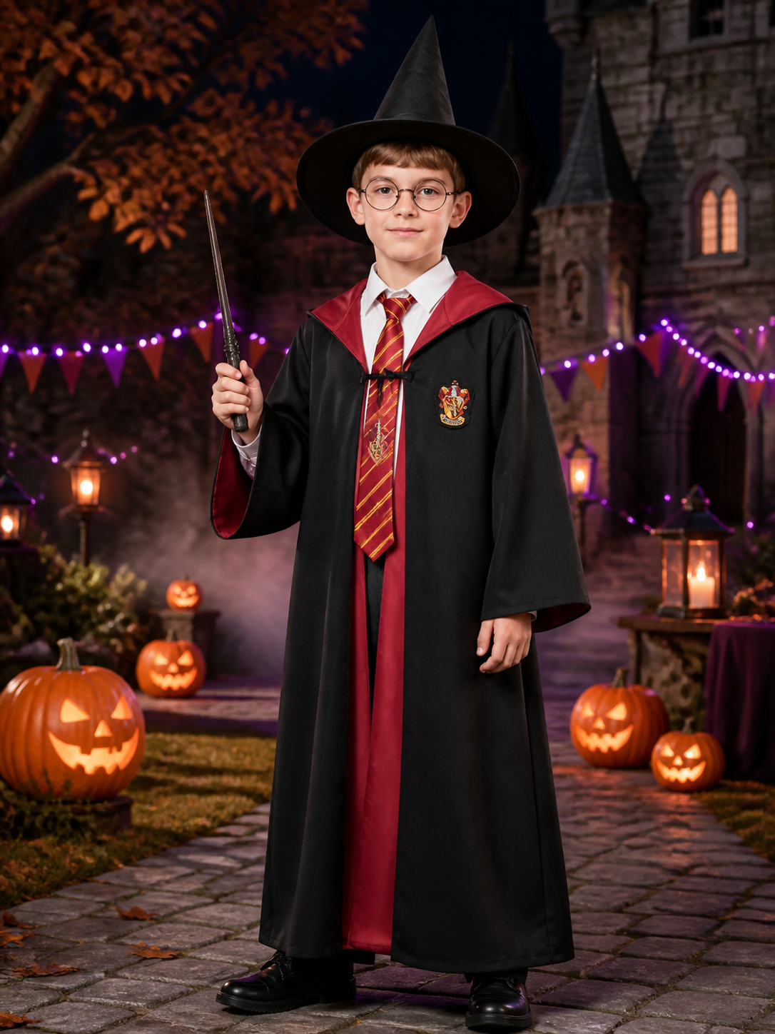 Kids Red And Black Wizard Robe Costume Set With Hat, Tie, Wand And Glasses Costume Headwear detail 2