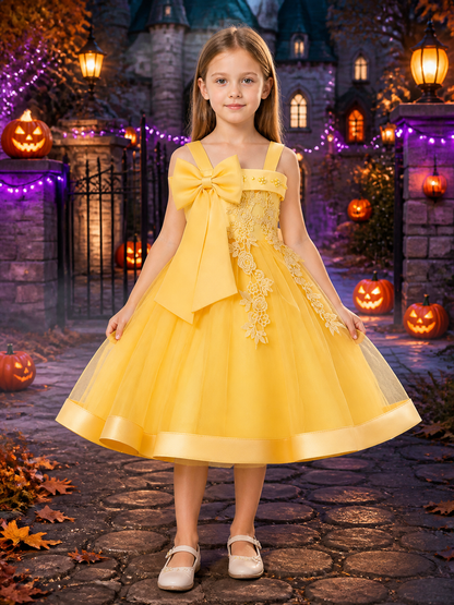 Girls' Princess Flower Girl Dress With Beaded Flowers, Lace Applique And Layered Costume Dresses detail 2