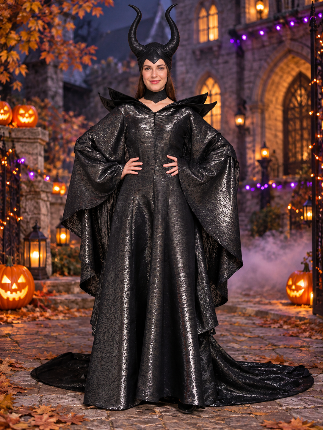 Black Witch Costume with Horns and Choker