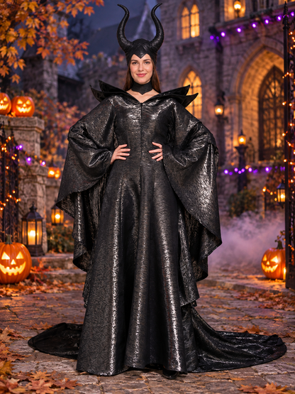 Black Witch Costume with Horns and Choker
