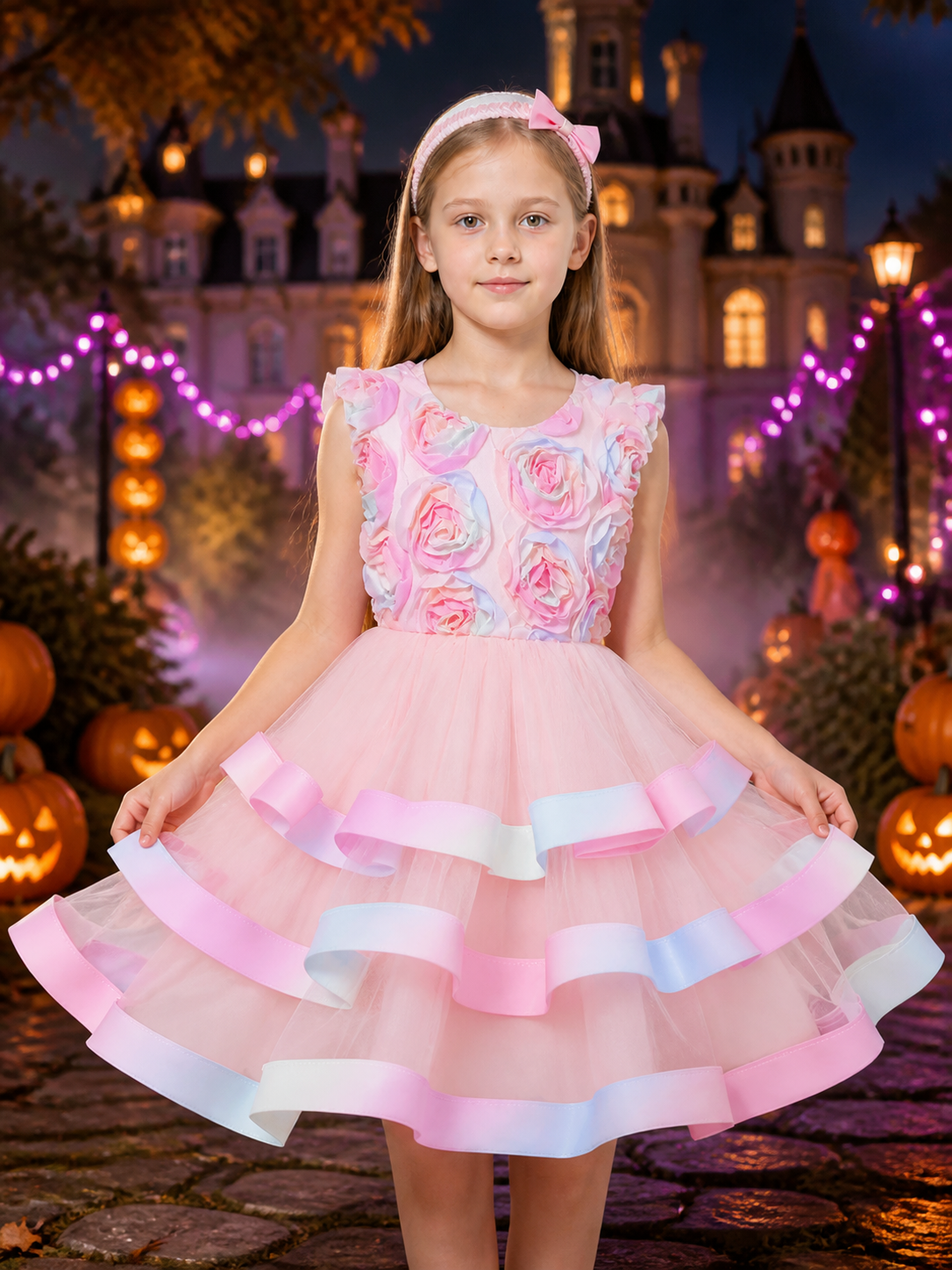 Girls' Princess Dress, Sleeveless Layered Tutu Gown With 3D Rose and Bow Details Costume Dresses detail 2
