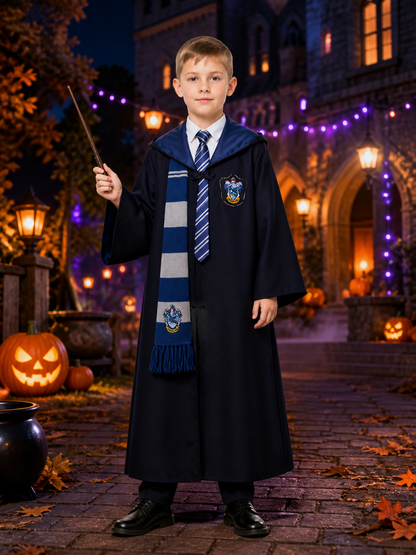 Kids Wizard Costume Set, Hooded Long Robe, Tie And Scarf Costumes detail 2