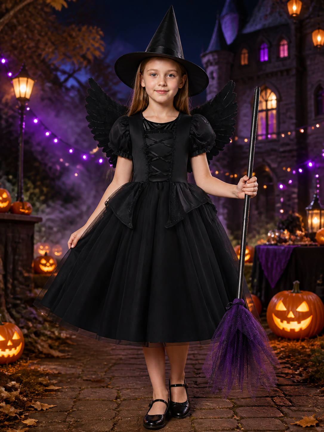 Girls Black Princess Witch Costume Set - Tulle Dress with Wings, Hat & Broom Costume Dresses detail 2