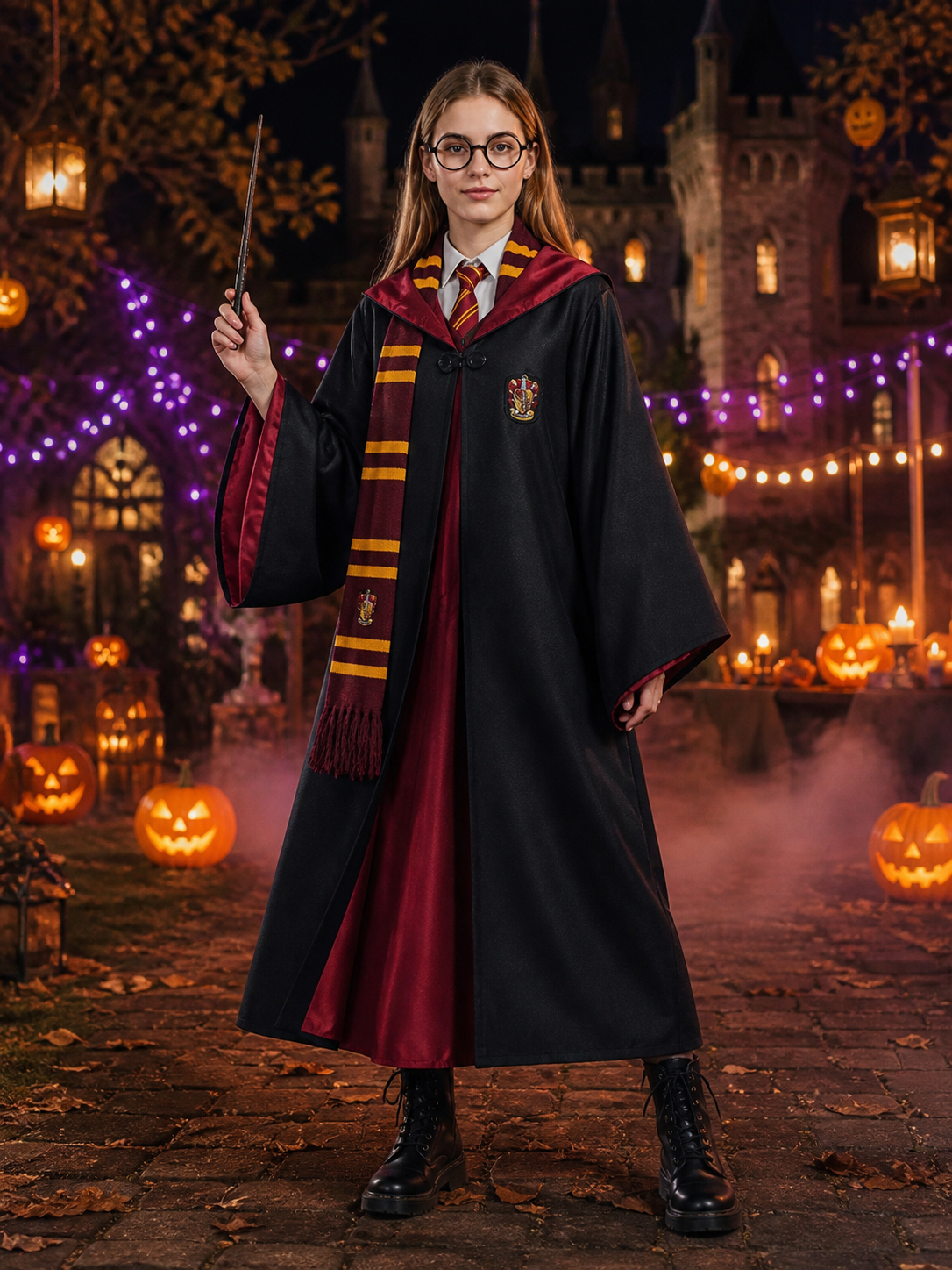 Academy-Style Wizard Robe Costume Set with Tie, Scarf, Wand and Glasses Costume Accessories detail 2
