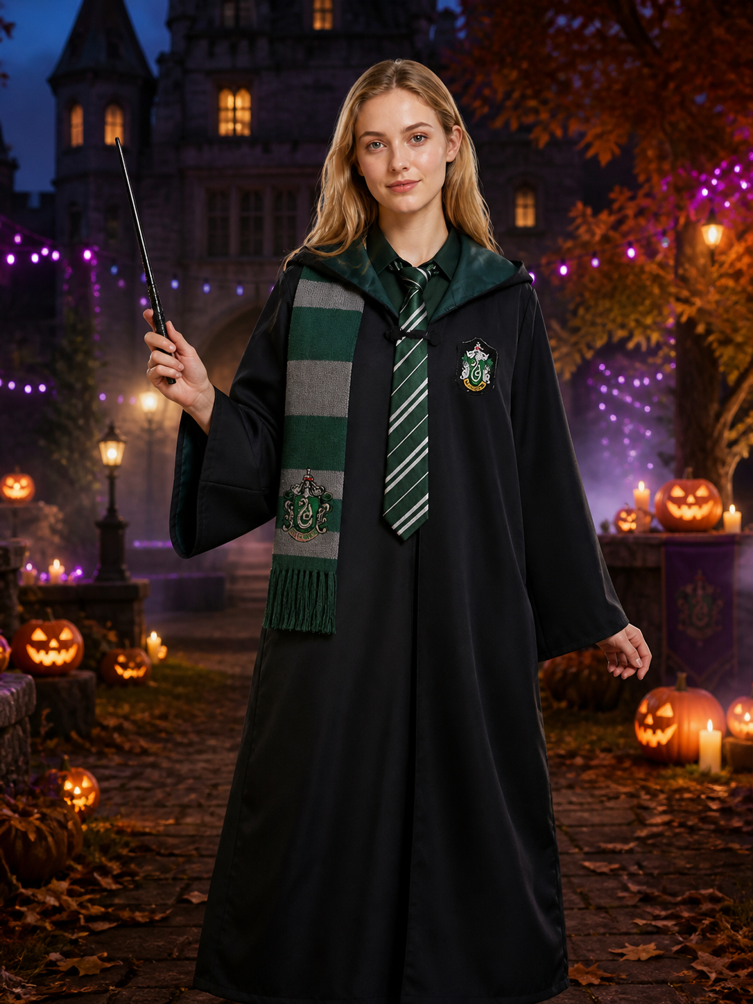 Slytherin Hooded Wizard Robe Costume Set with Tie and Scarf - Green Gray Costumes detail 2