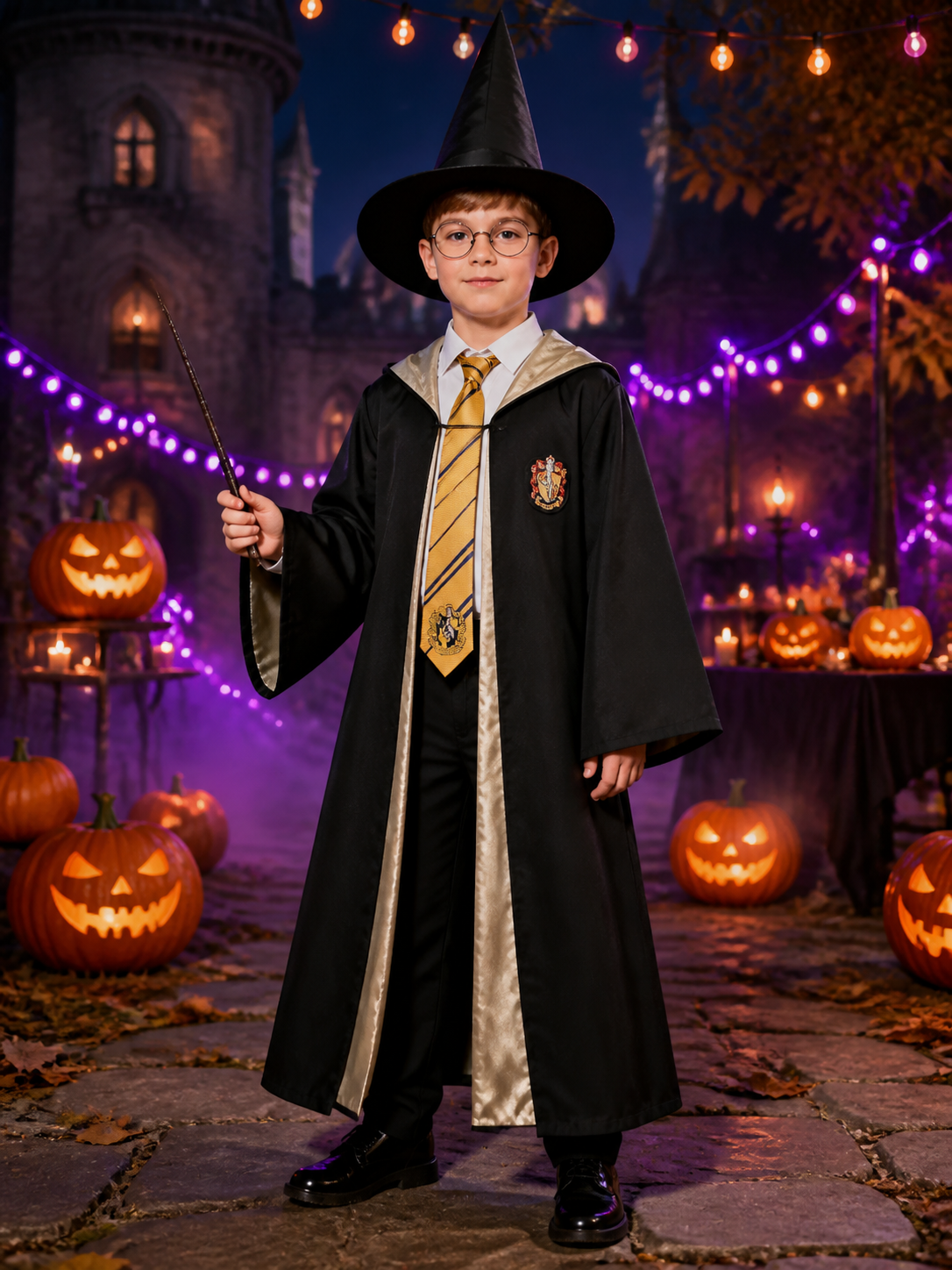Wizard Costume Set With Hooded Robe, Pointed Hat, Wand, Tie And Round Glasses Costume Headwear detail 2