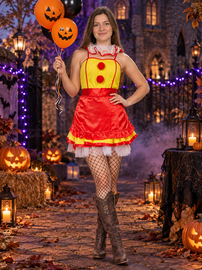 Yellow and Red Carnival Dress with Apron and Pom-Poms