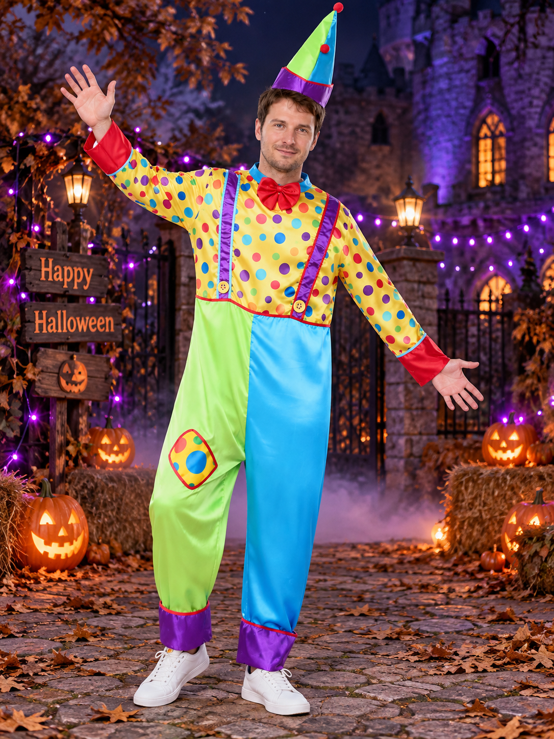 Adult Clown Costume: Jumpsuit, Hat, Polka Dots