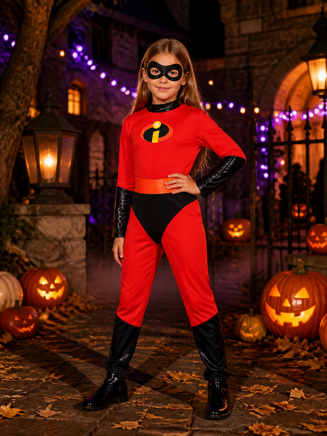 Kids Superhero Bodysuit Costume, Red Long Sleeve One-Piece with Black-Yellow Costumes detail 2