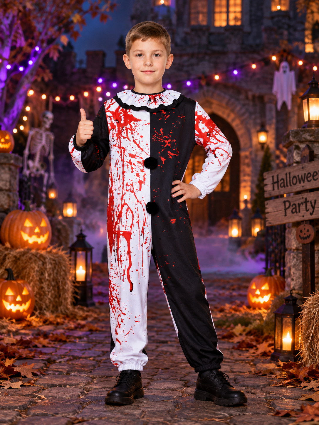 Black-and-white clown costume with red stains and pom-poms
