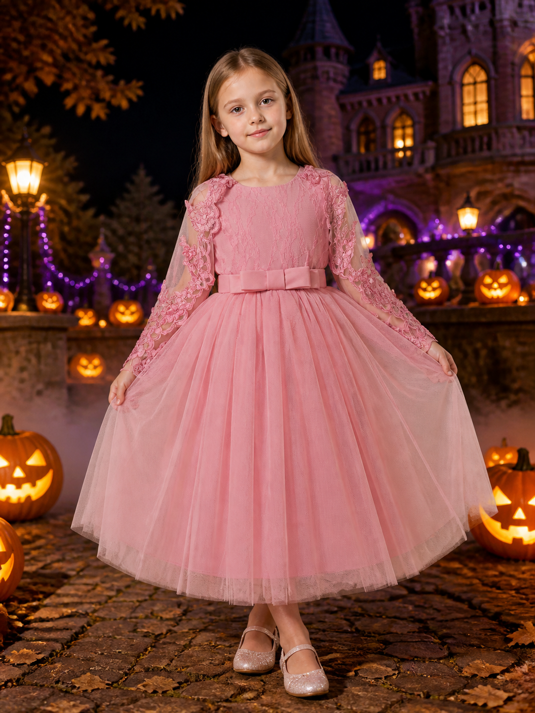 Toddler Girls' Dusty Pink Princess Dress with Lace Bow and Layered Tulle Skirt Costume Dresses detail 2