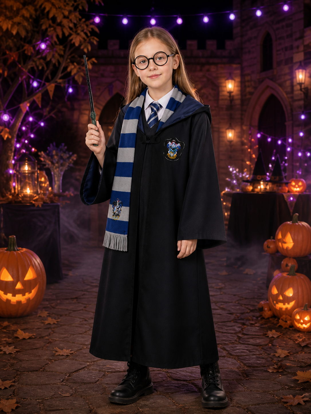 Wizard Robe Costume Set with Tie, Scarf, Glasses & Magic Wand - Unisex Halloween Costume Accessories detail 2